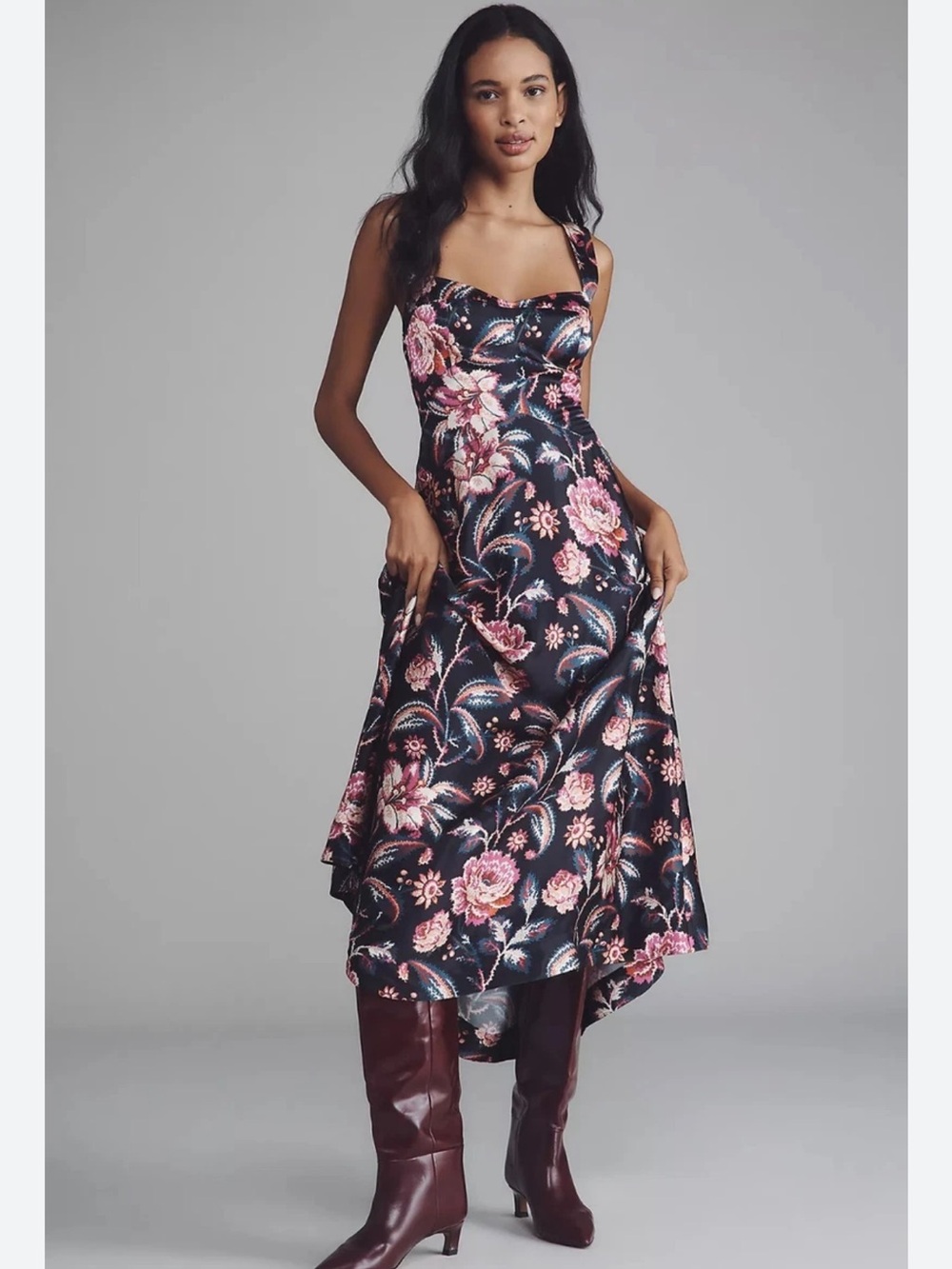 Anthropologie Black Midi Dress with Pink Floral Print